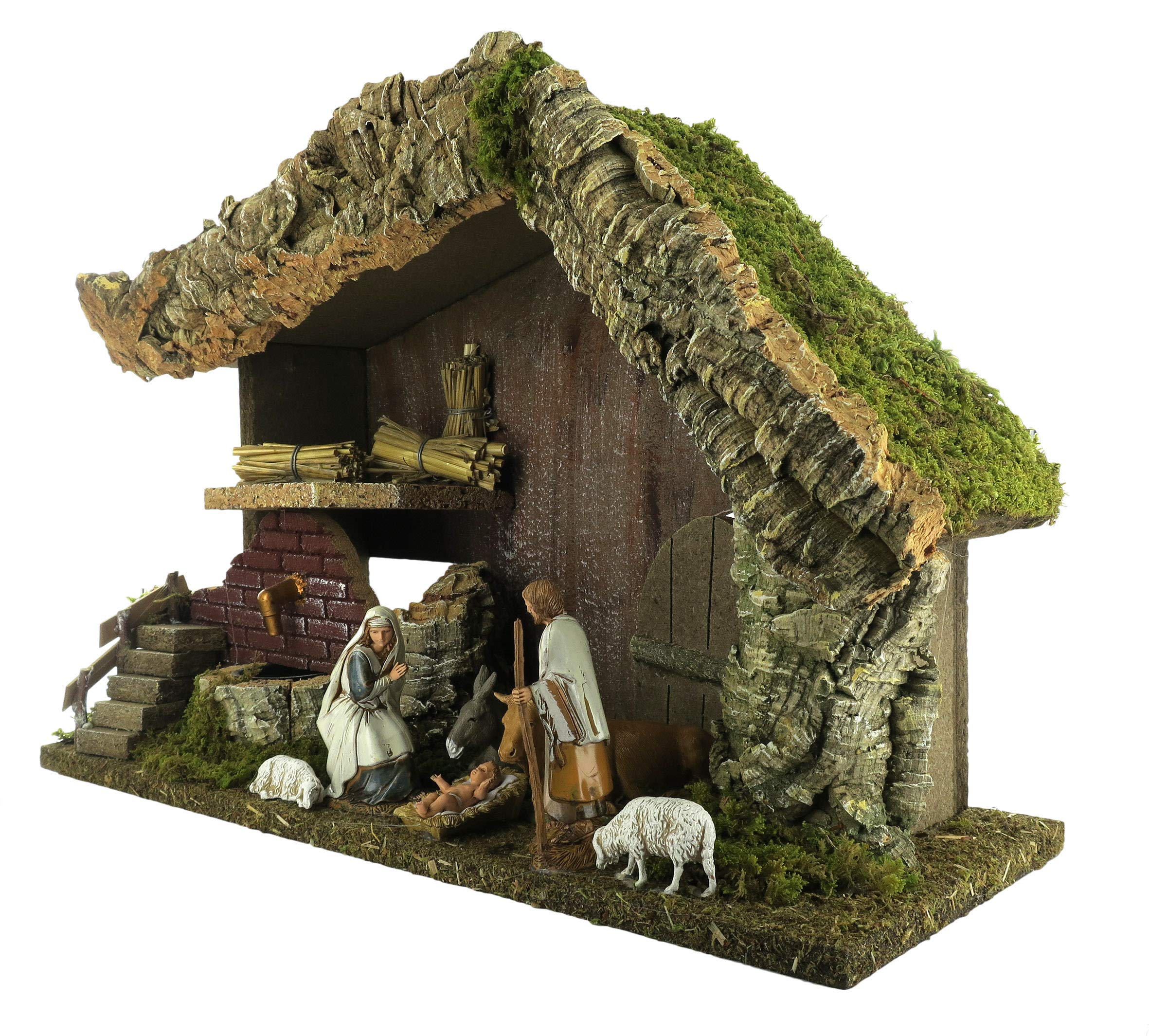 Bertoni | Krippenstall mit funktionierendem Brunnen und Nativitat fur Krippe mit 5 Figuren und 2 Schafen | 42 x 18 x 28 cm | Italienisches Produkt