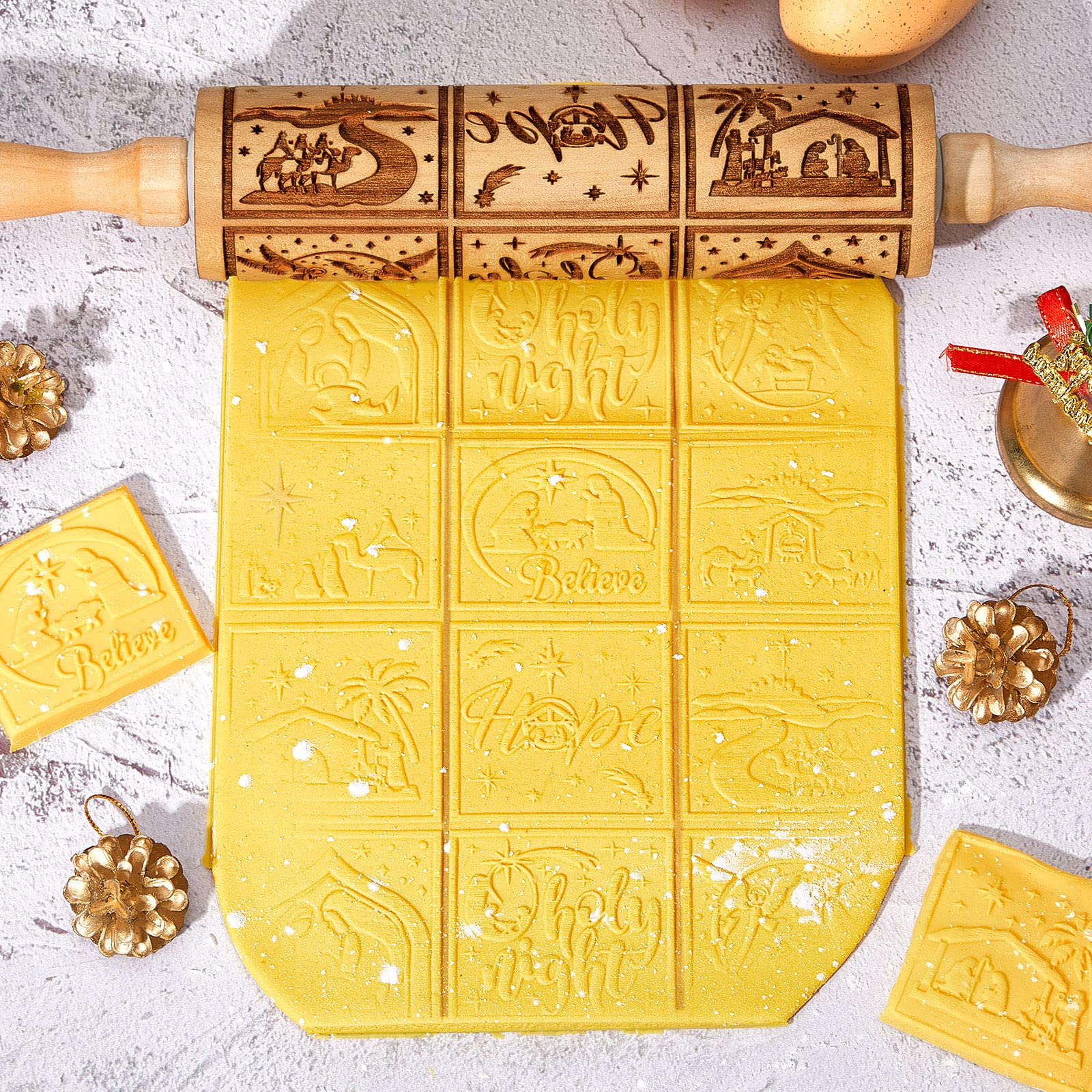 Christmas Embossed Rolling Pin Carved 3D Wooden Rolling Pin with Designs Embossed Rolling Pins with 9 Different Patterns for Baking Christmas Cute Kitchen Tool for Making Cookie