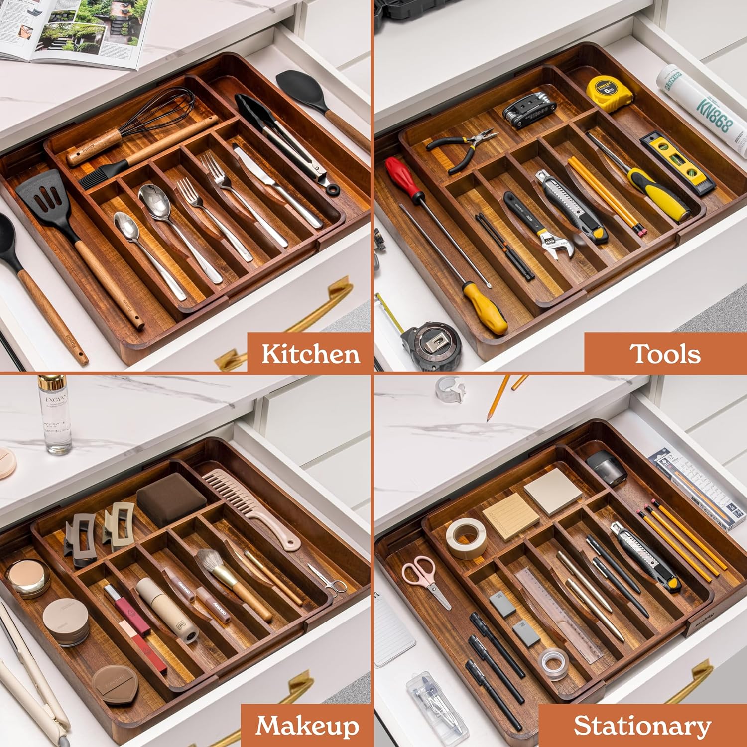 SMIRLY Silverware Drawer Organizer – Acacia Kitchen Drawer Organizer, Adjustable Utensil Holder and Cutlery Tray, Drawer Dividers for Flatware and Kitchen Utensils