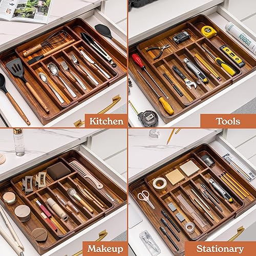 Vista 34 de SMIRLY Organizador de cajones de cubiertos – Organizador de cajones de cocina de bambú, soporte ajustable para utensilios y bandeja de cubiertos