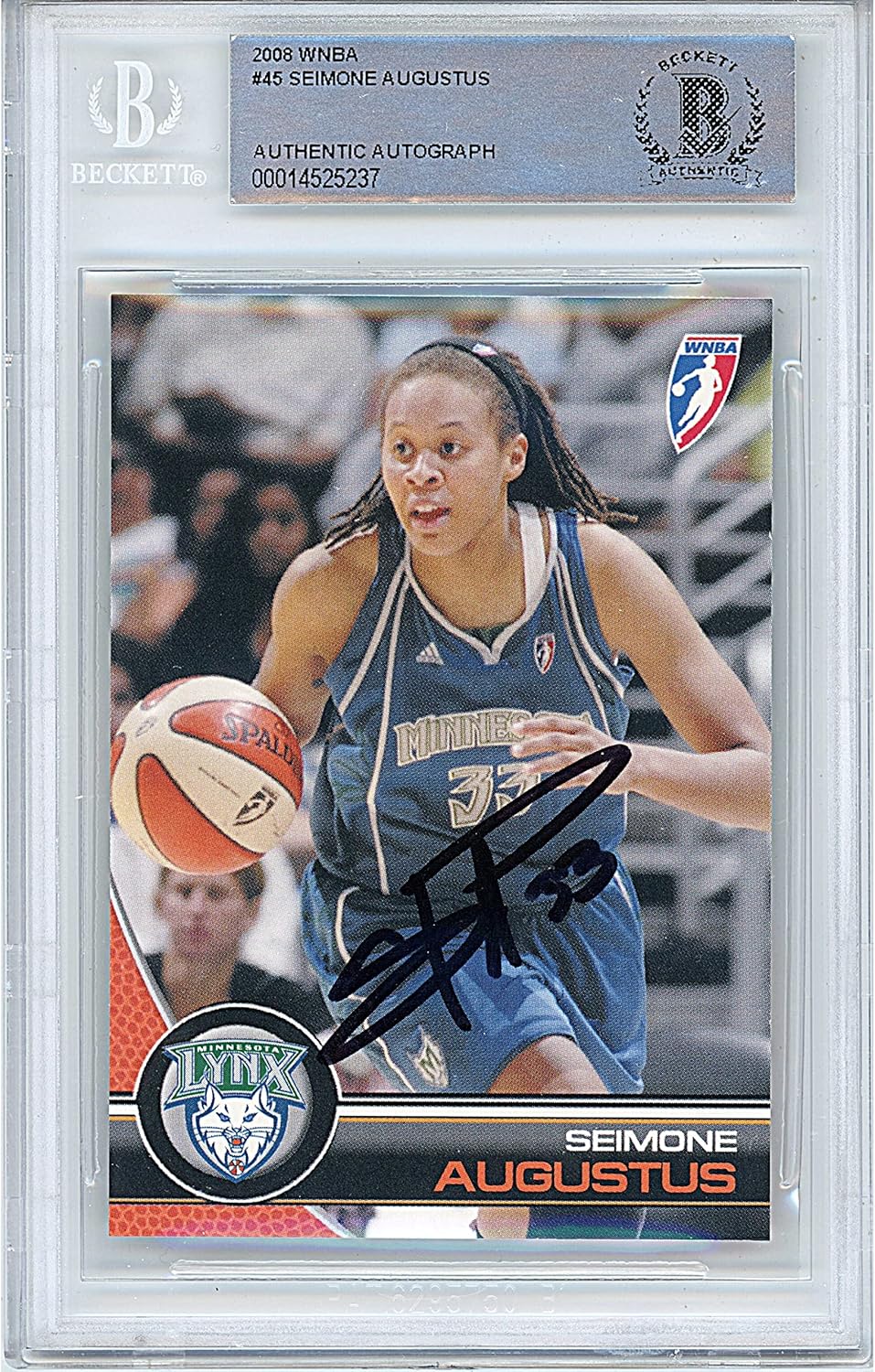 Seimone Augustus Autographed 2008 WNBA #45 Basketball Trading Card Slab Beckett BAS Authentic Slabbed COA Played For Minnesota Lynx