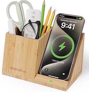 Bamboo Pen Holder for Desk & Nightstand Organizer with Fast Wireless Cha...