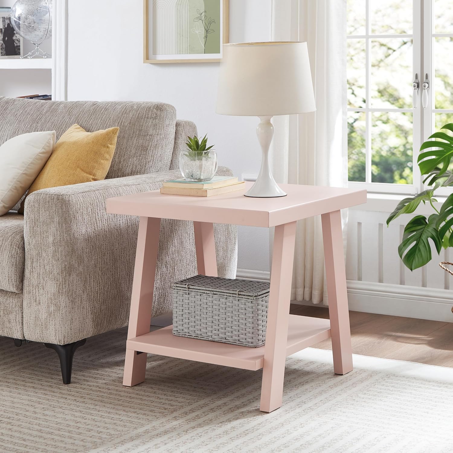 Roundhill Furniture Athens Contemporary Wood Shelf End Table in Pink