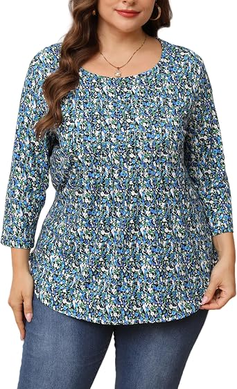 Womens Plus Size Tops 3/4 Length Sleeve Crewneck Pleated Loose Fit Casual Tunic Top Swing Shirts Blouses 1X-5X