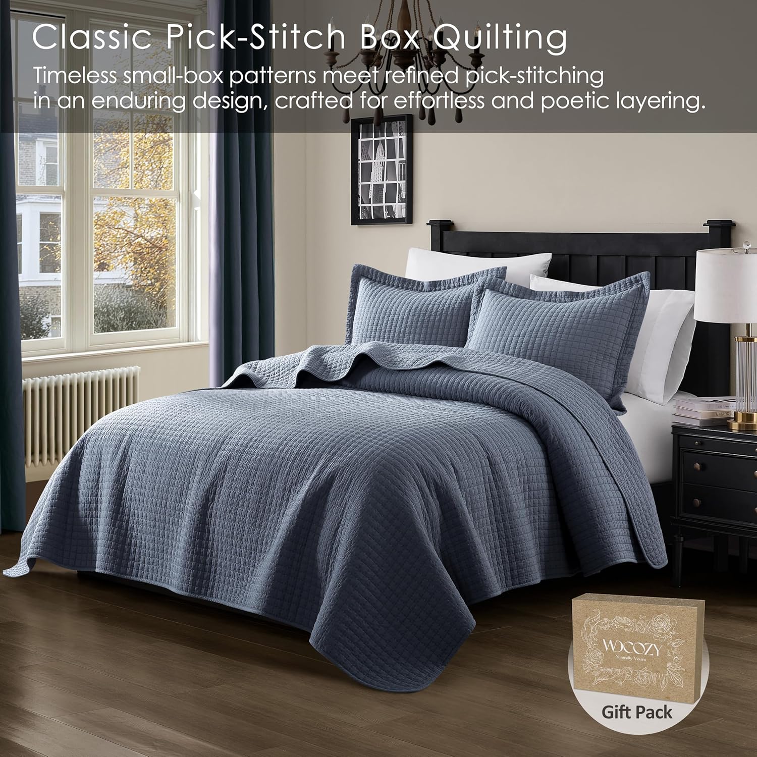 WDCOZY 100% Cotton Queen Size Quilt Set - Dusty Blue Box Pick Stitch Soft Lightweight Bedspread, Textured Like Linen, Farmhouse Country Rustic Coverlet, Shabby Chic Gauze Bedding, 3 Pieces
