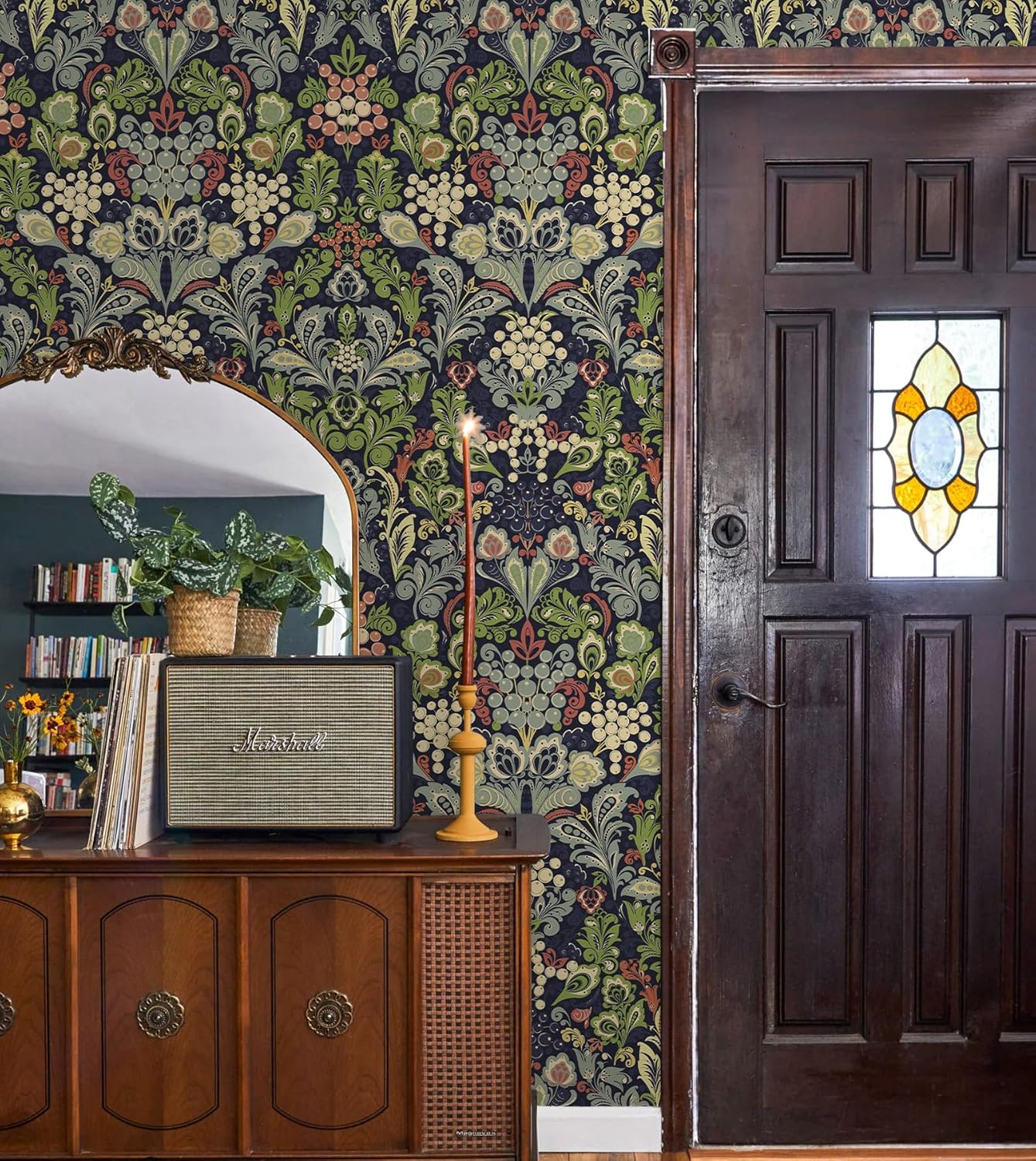 Naphite Vintage Floral Peel and Stick Wallpaper Botanical Boho Contact Paper for Cabinets Dark Green Morris Flower Contact Paper Self Adhesive Removable for Bedroom Bathroom Wall Decor 17.3inW 393inL