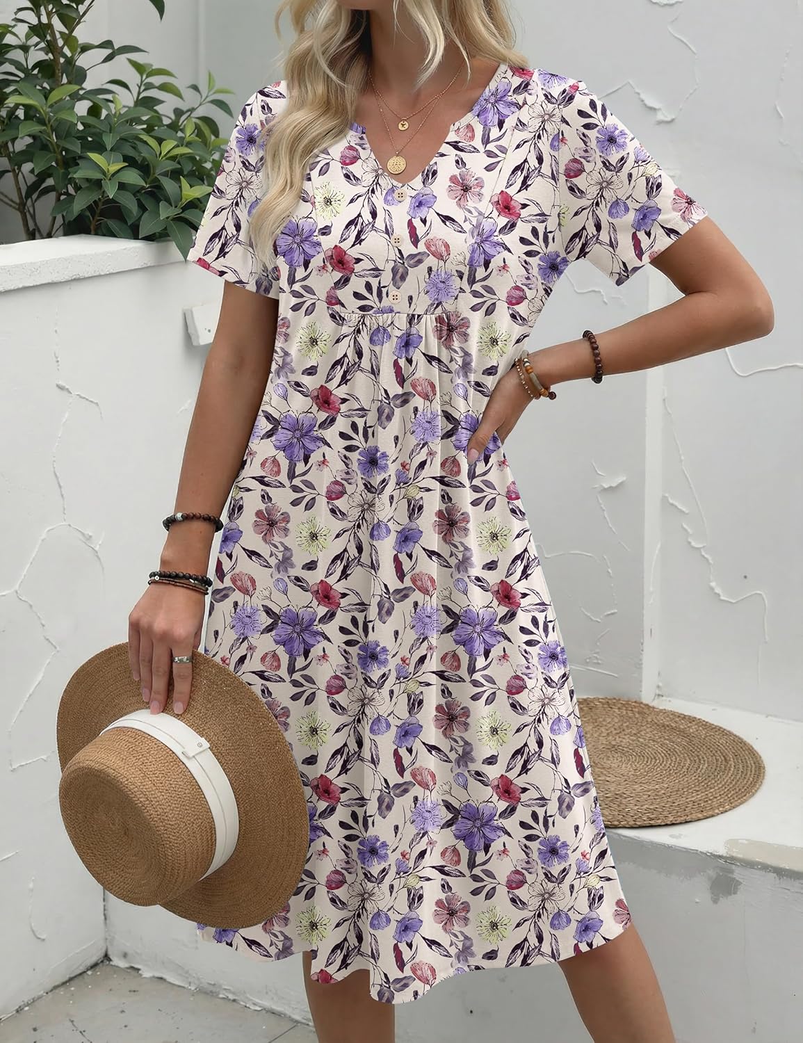 Zeagoo Women Summer Dresses Casual Short Sleeve Midi Dress with Pockets Floral A Line V Neck Beach Vacation T Shirt Sundress - Image 4