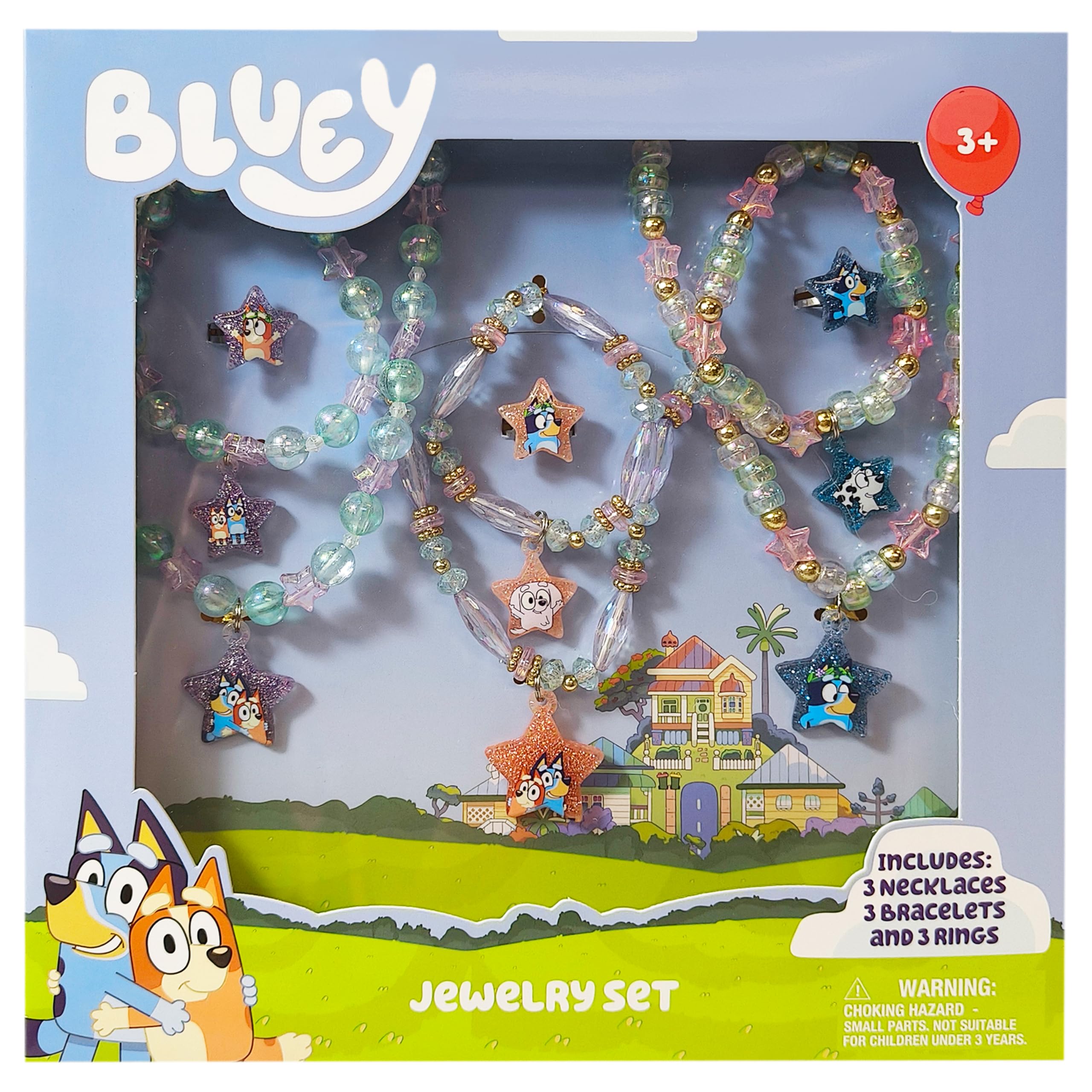 LUV HER Bluey Girl's Jewelry Set - Dress up Toy Jewelry Box Set with Bead Necklace, Bracelet and Ring - Play Accessories - Ages 3+, 9 Piece Set, Plastic, No Gemstone