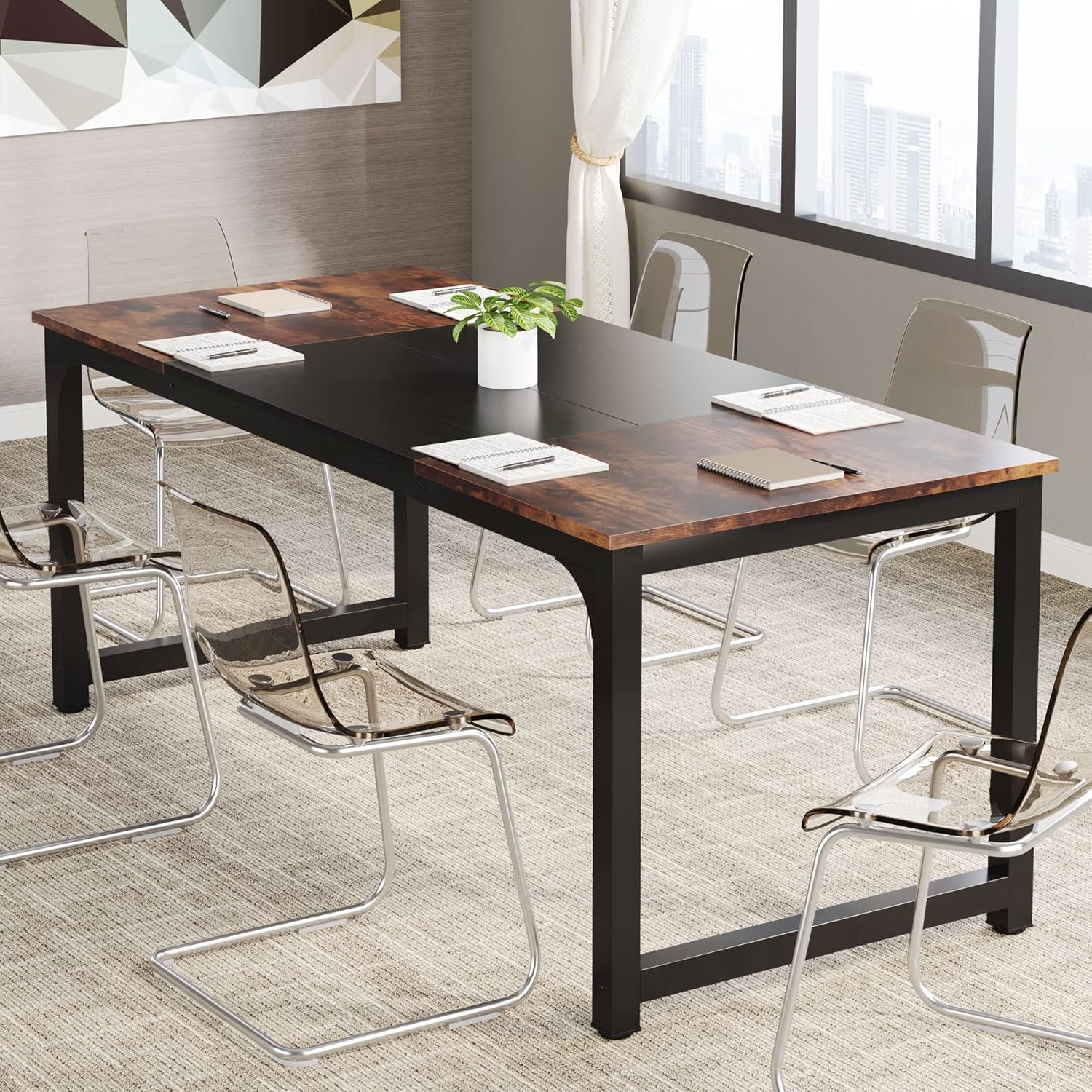 Tribesigns Conference Table, 6FT Meeting Seminar Table Rectangular Meeting Room Table, 70.8L x 31.5W x 29.5H, Rustic Brown/Black : Office Products