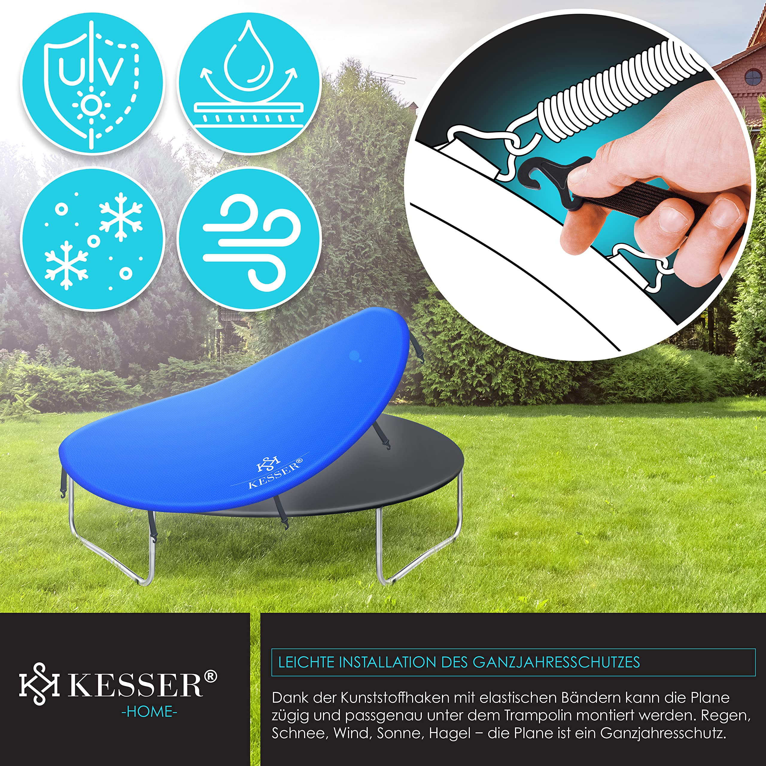 KESSER® Plandeka na trampolinę Ø 244/305/366/427 cm | odporna na warunki atmosferyczne, odporna na rozerwanie i promieniowanie UV | zewnętrzna plandeka ochronna na trampolinę