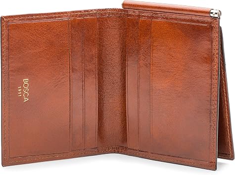 Bosca Men's Wallet, Old Leather Money Clip with Card Case Pocket, Designed For Front Pocket, Gift Packaging, Amber Brown