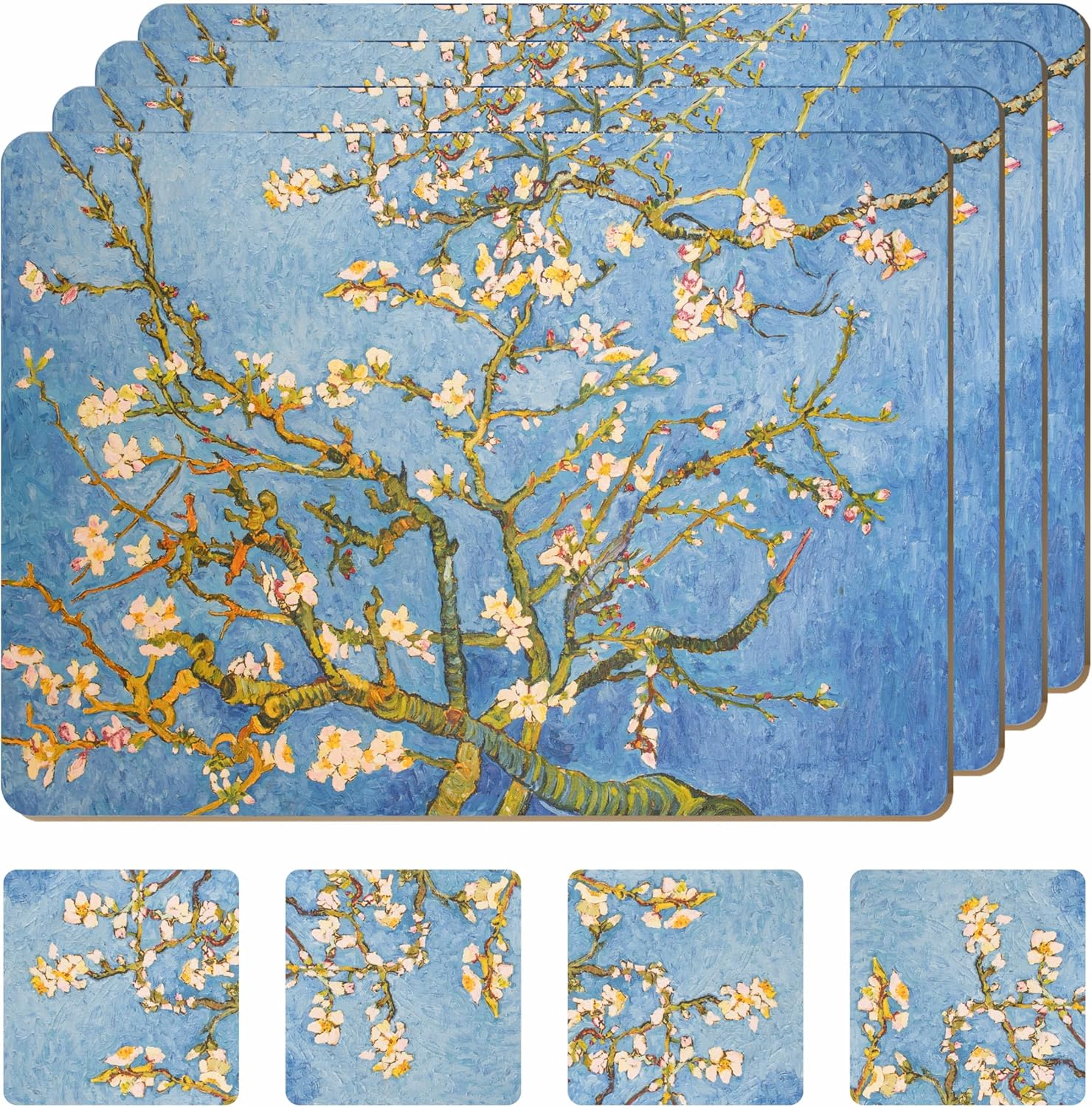Set of 4 Heat Resistant Cork Placemats for Dining Table with Free Set of 4 Matching Drink Coasters Van Gough Blue Botanical Design 16 x 12 Inches Cork Backed Hard Placemats (Almond Blossoms)