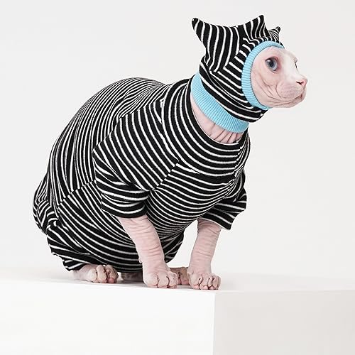 Miniatura 7 de Sphynx - Conjunto de camisa transpirable a rayas negras para gatos, gorro y camisa para mascotas (talla M)