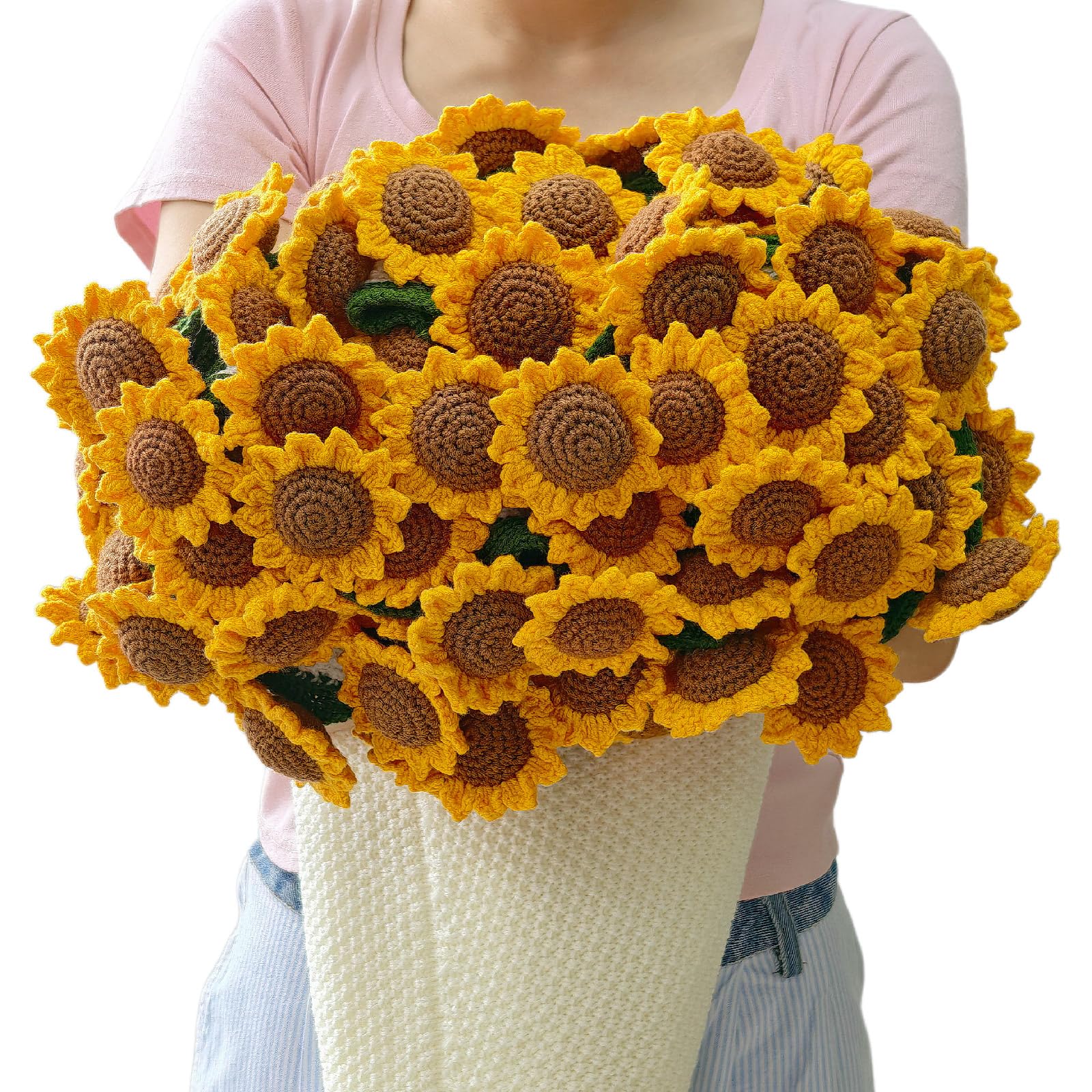 Crochet Sunflower Bouquet Blanket Handmade Flower Blankets 59 Inch Round Floral Knitted Gifts for Mothers Day Birthday Teacher