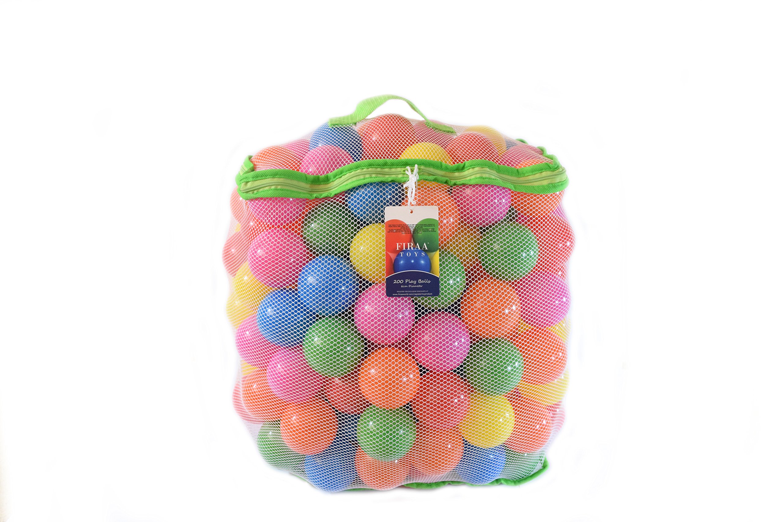 FIRAA Pack of 200 Plastic Ball Pit Balls in 6 Bright Colors - Crush Proof - Phthalate Free - BPA Free - Non Toxic - 2.3 inches Diameter with Reusable Storage Bag - Perfect for Tents - Kids & Babies