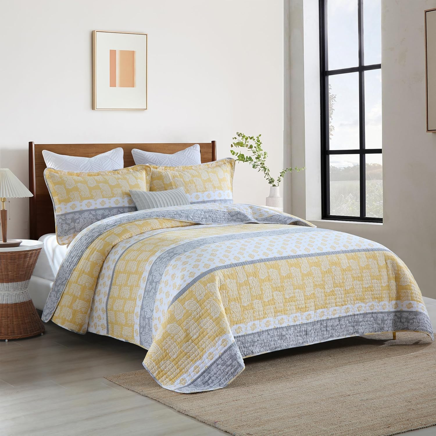 King Bedding Set, Cotton Quilt King Size, Yellow White Grey Comforter, Farmhouse Striped Bed Set, Lightweight Bedspread All Season, 3 Piece - Image 2