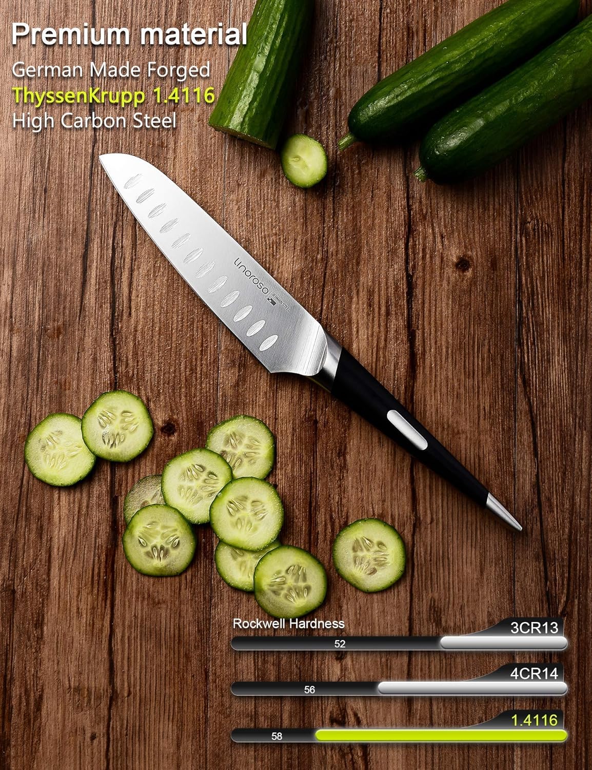 linoroso 3 Piece Forged German High Carbon Steel Chef Knife Set (Includes 7-inch Chef's Knife, 6-inch Santoku Knife and 4.5-inch Fruit Paring Knife), with 3 Oak Knife Storage block for Each Blade