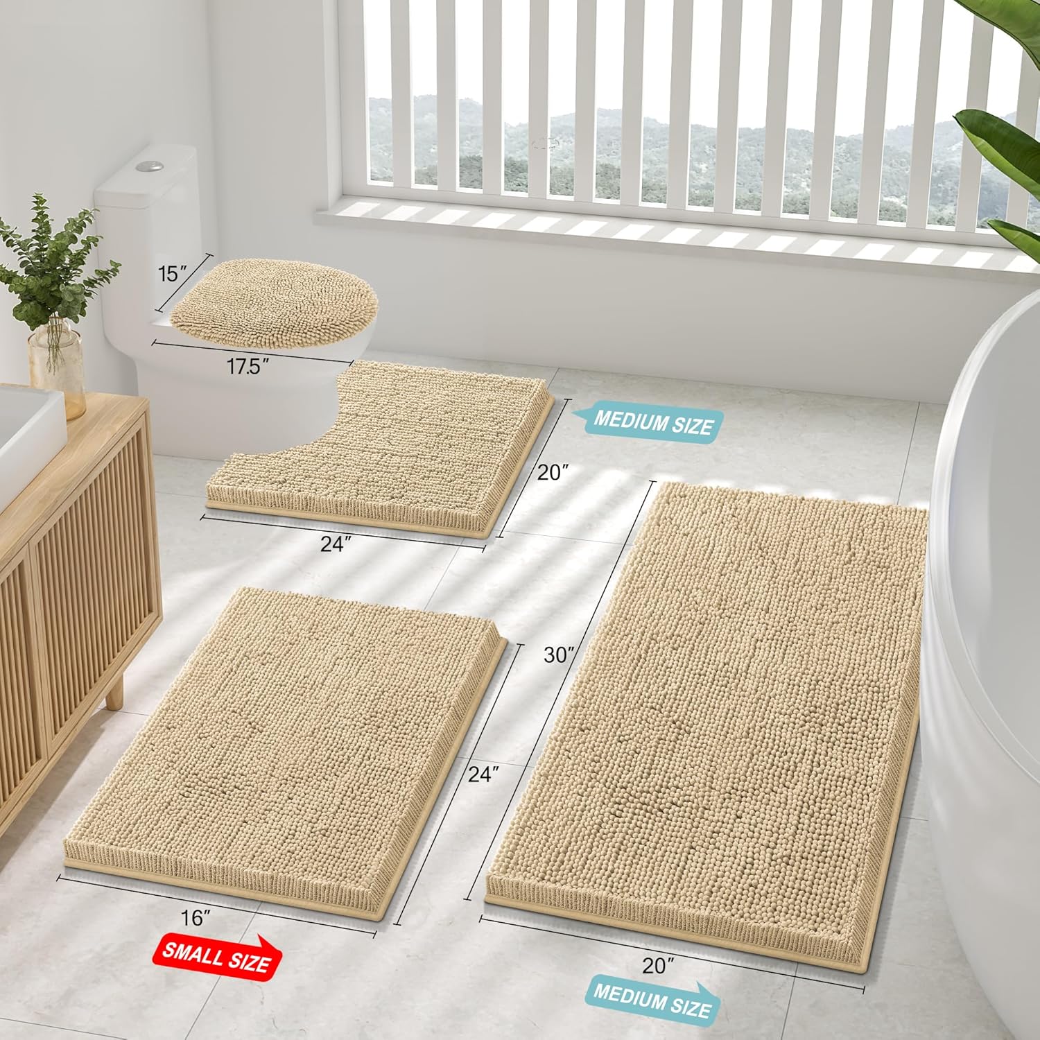 Smiry Bathroom Rugs Sets 2 Piece, Soft Absorbent Chenille Machine Washable Non Slip Shaggy Bath Rug Set for Tub, Shower, and Floor (59x20+24x16, Beige)