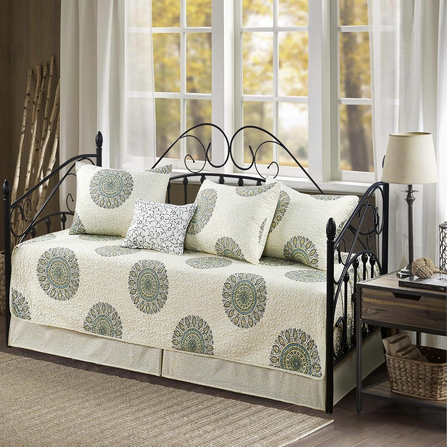 6 Piece Reversible Microfiber Medallion Printed Daybed Cover Set, All Season Luxury Bedding with Bedskirt, Matching Shams, Decorative Pillow, 75"x39", Yellow Green