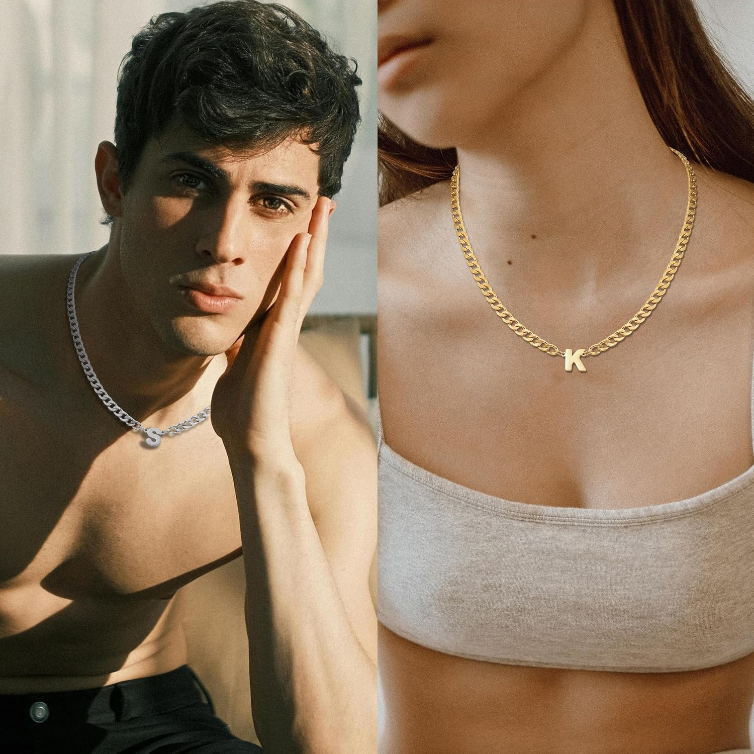 Men's Necklace with Letters A-Z Silver Gold Stainless Steel Necklace Men Women Cuban Chain with Letter Pendant Curb Chain Necklace Jewellery Gifts for Men Boys Length 50 cm image 4