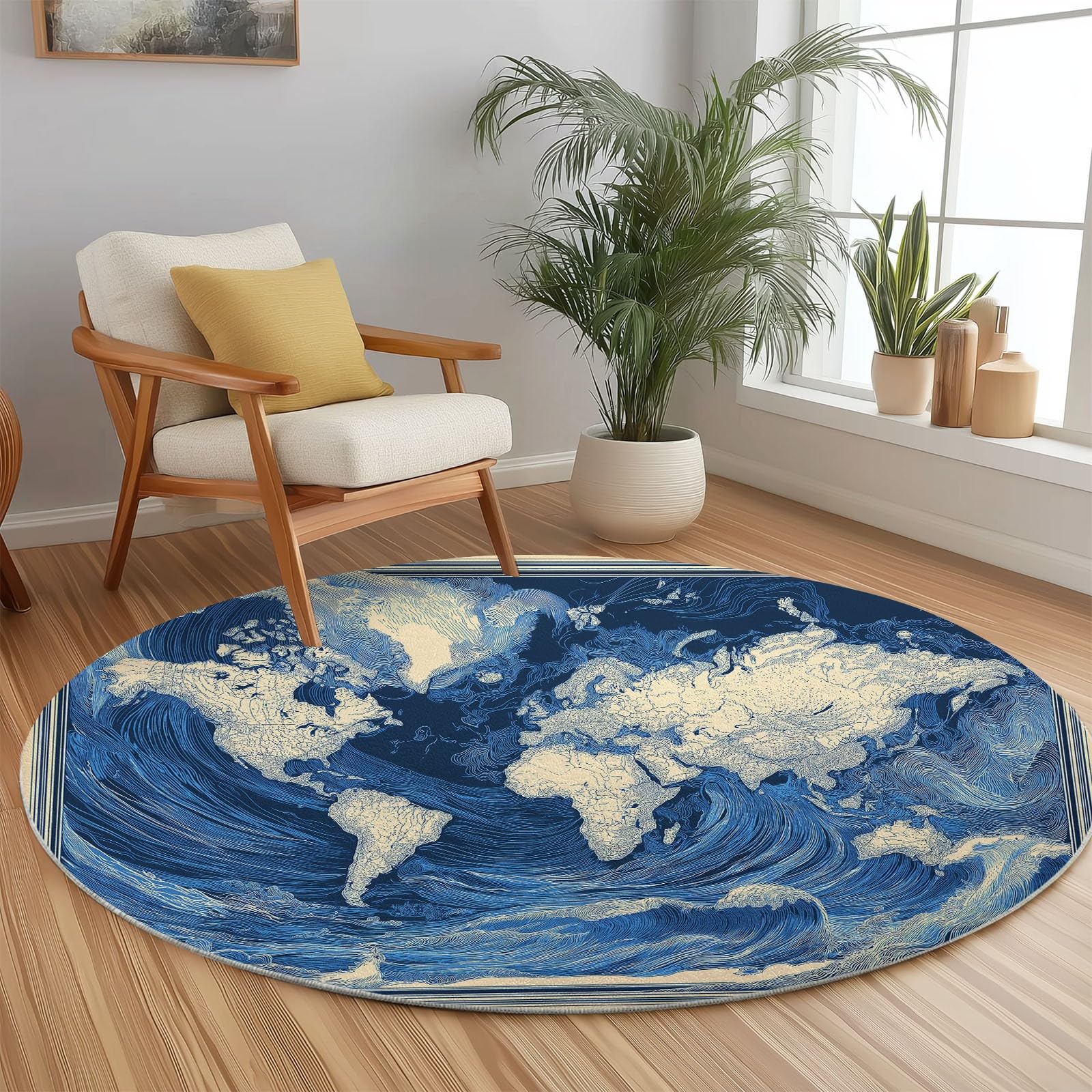 Générique Tapis Salon Rond Affiche Rétro Carte du Monavec Vagues L'Océan 150 cm Tapis Rond, Chambre Impression 3D Moderne Bleu Moquette Antidérapant Lavable Machine pour Salon Salle à Manger Bureau