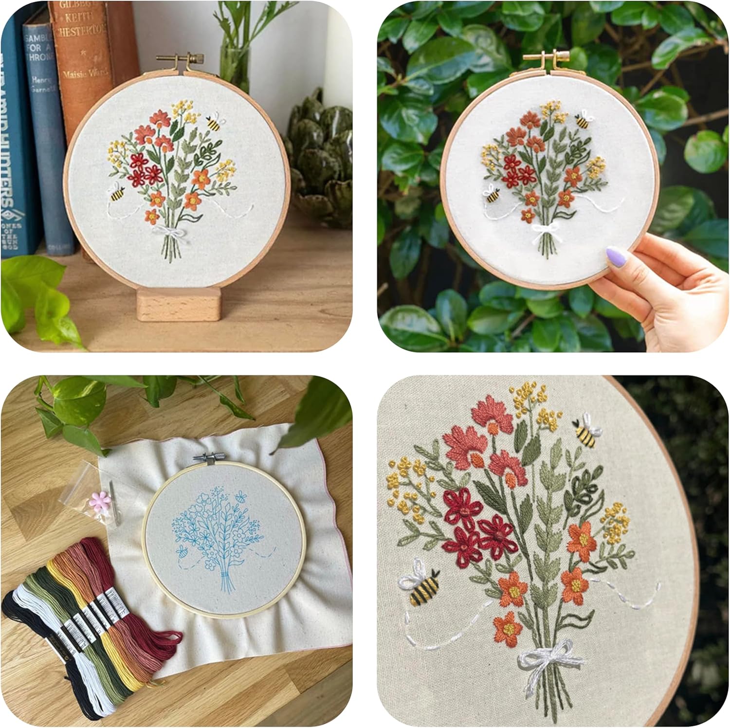 CRAFT CLUB Buzzing Bouquet Embroidery Kit | DIY Cross Stitch Craft Kit with Bamboo Hoop & Embroidery Thread Packs | Complete Arts & Crafts Supplies Gift Set for Beginners | Home & Room Décor Art Kit