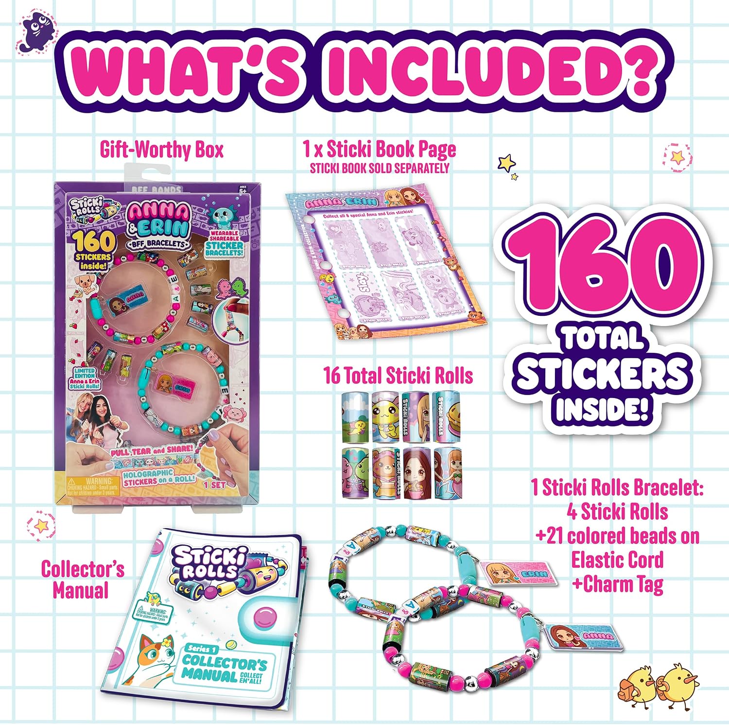 Sticki Rolls - Wearable Shareable Toy Sticker Jewelry - Anna & Erin Friendship Bracelet 2 Pack