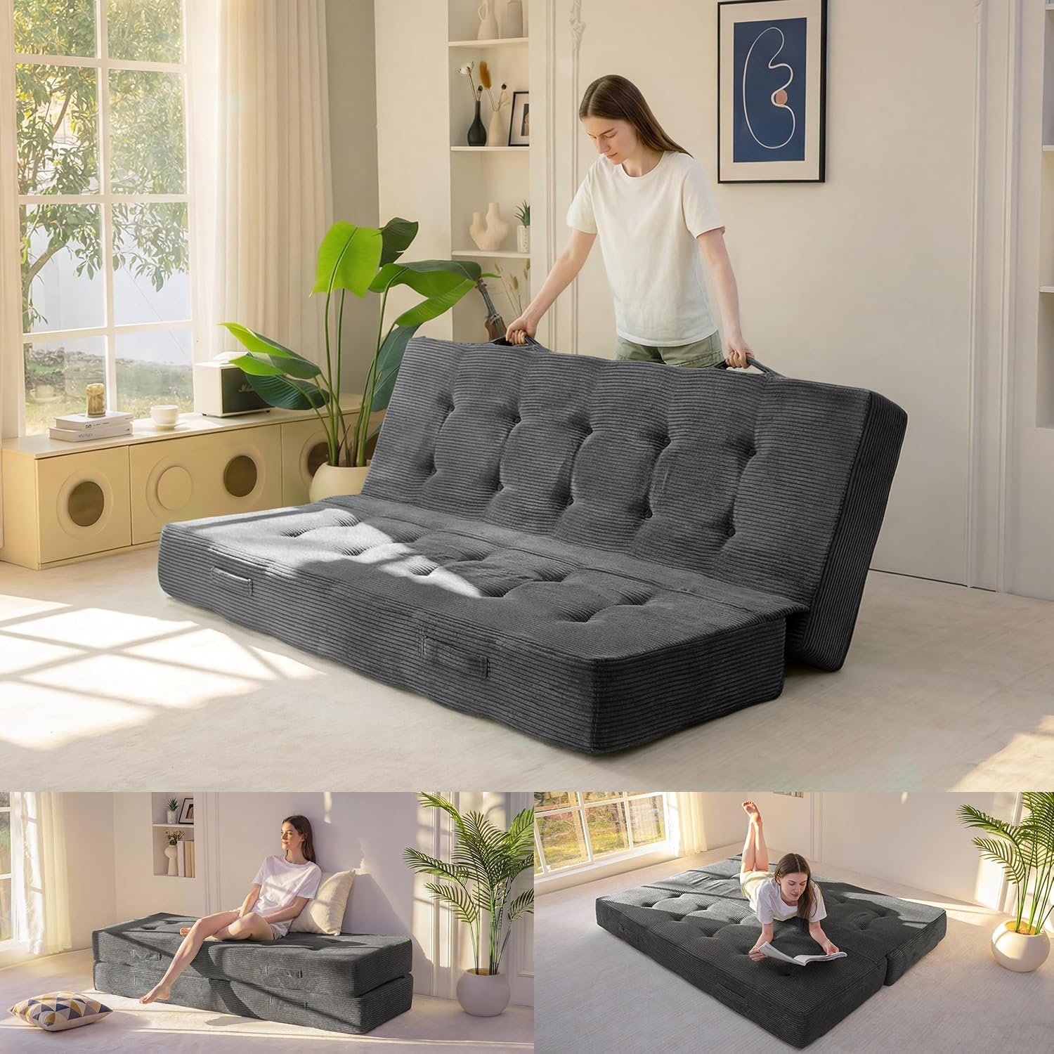 MAXYOYO 8" Foldable Floor Sofa Bed, Tufted Foldable Couch Bed Thick Folding Mattress with Handles, Versatile Folding Sofa Couch for Floor Sleeping, Living Room & Guest Room, Dark Grey