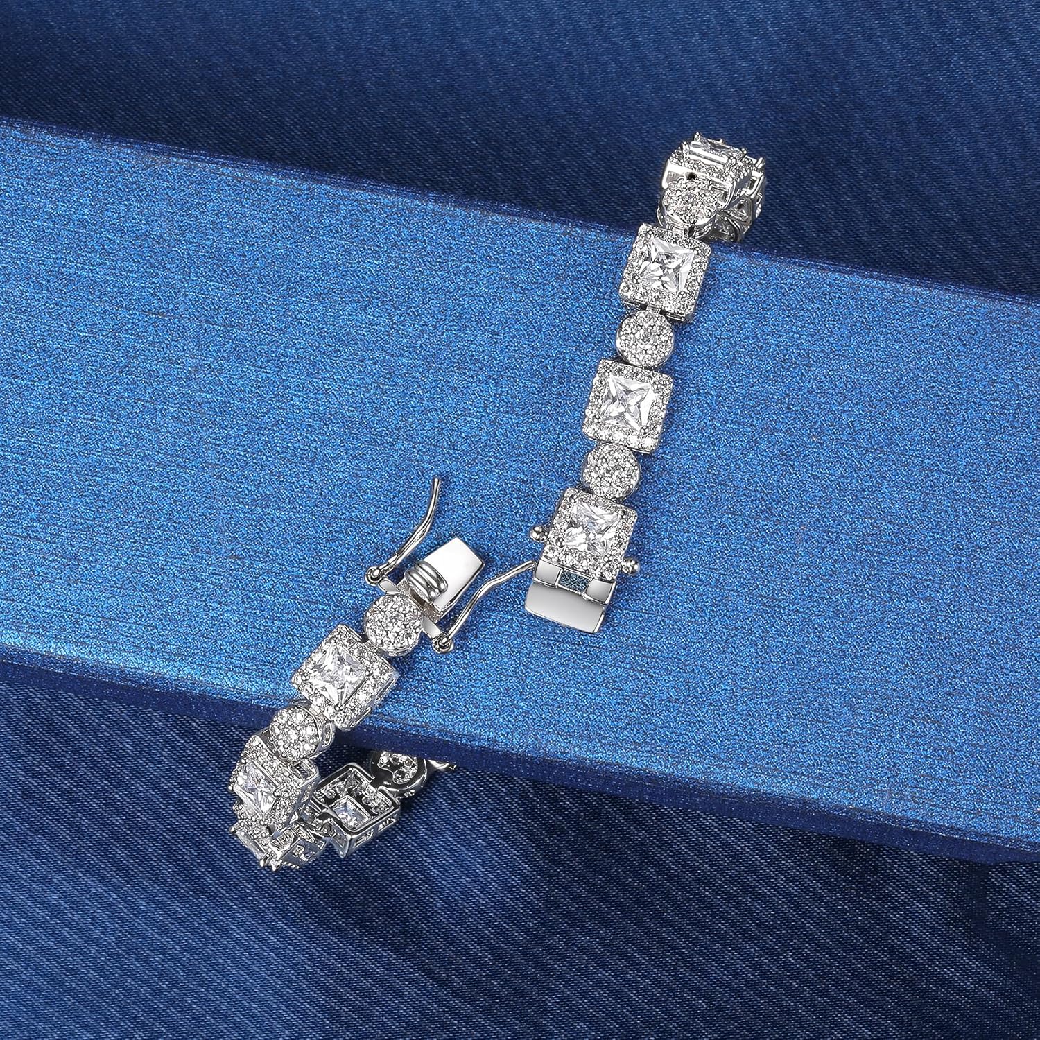 MDFUN 18K White Gold Halo Tennis Bracelet for Women Round and Square Cubic Zirconias, Size 6 inches - Image 3