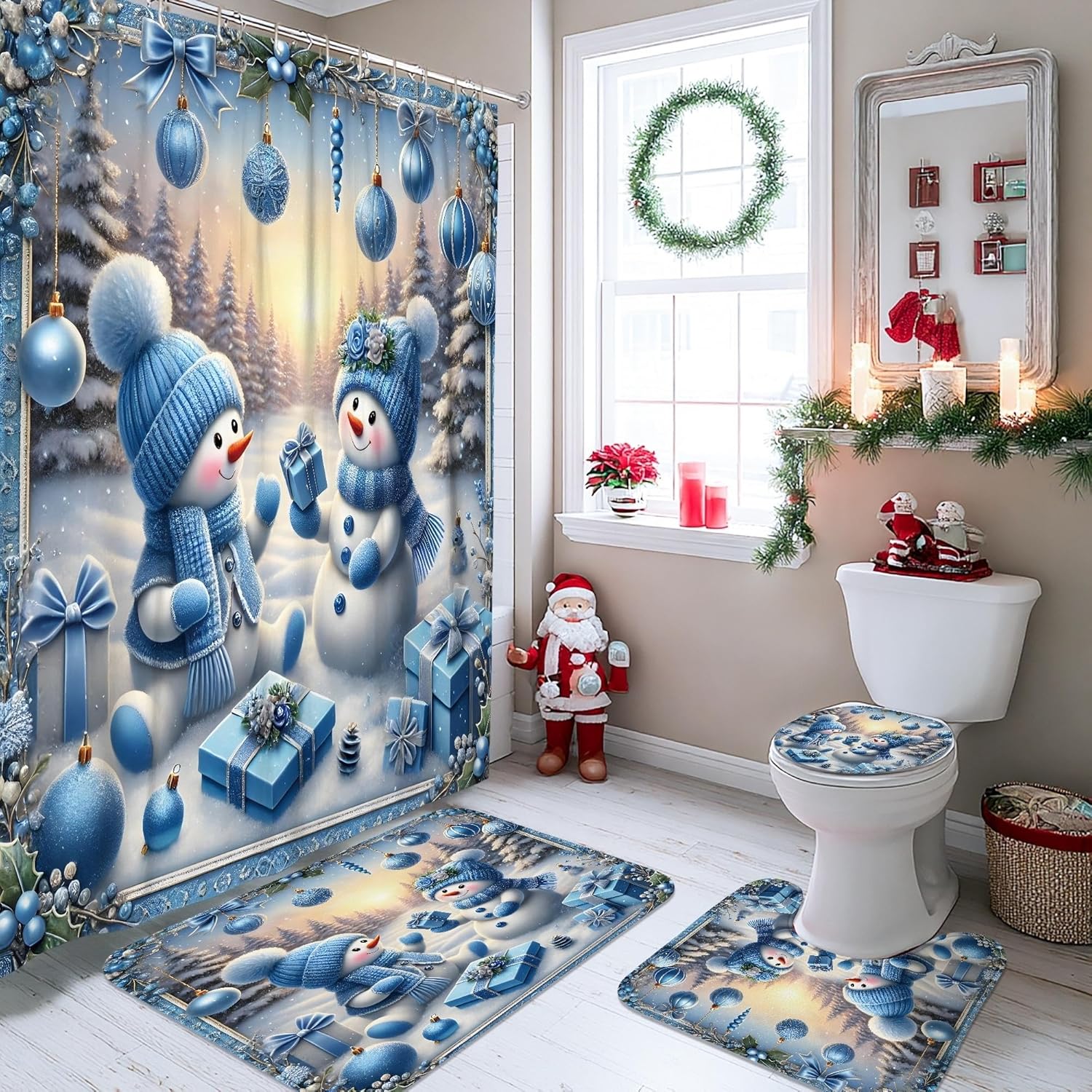 4Pcs Snow Man Shower Curtain Set, Blue Winter Snowflakes Bath Mat Rugs Accessories for Holiday Decor, Festive Waterproof Fabric Shower Curtain Set with Hooks 72x72 Inch