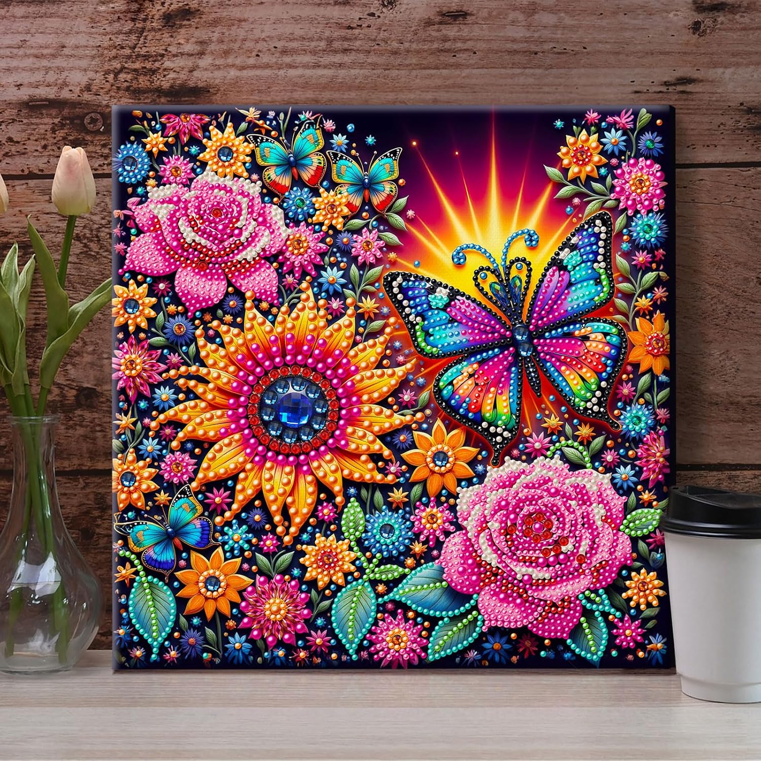POETRYDRAW Pearl Diamond Art Painting Kit with Frame 11.42 x 11.42 inch, DIY Pearl Beads Art Craft for Adults - Beginner Friendly Framed Canvas Wall Decor Gift Idea (Flower Butterfly)