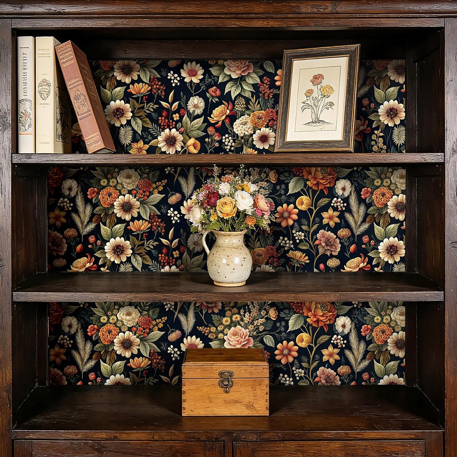 ReWallpaper Dark Floral Peel and Stick Wallpaper Self Adhesive Vintage Floral Wall Paper for Bedroom Bathroom Accent Wall Bookshelves Cabinets Drawers Removable Moody Decor Small Space 17.5in x 10ft