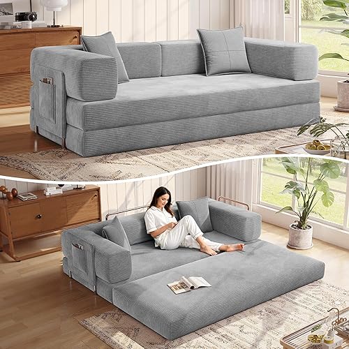 Miniatura 12 de MoonSpeak Sofá cama de 78.8 pulgadas para sala de estar, sofá modular convertible con almohada para reposabrazos, sofás modulares de pana plegables