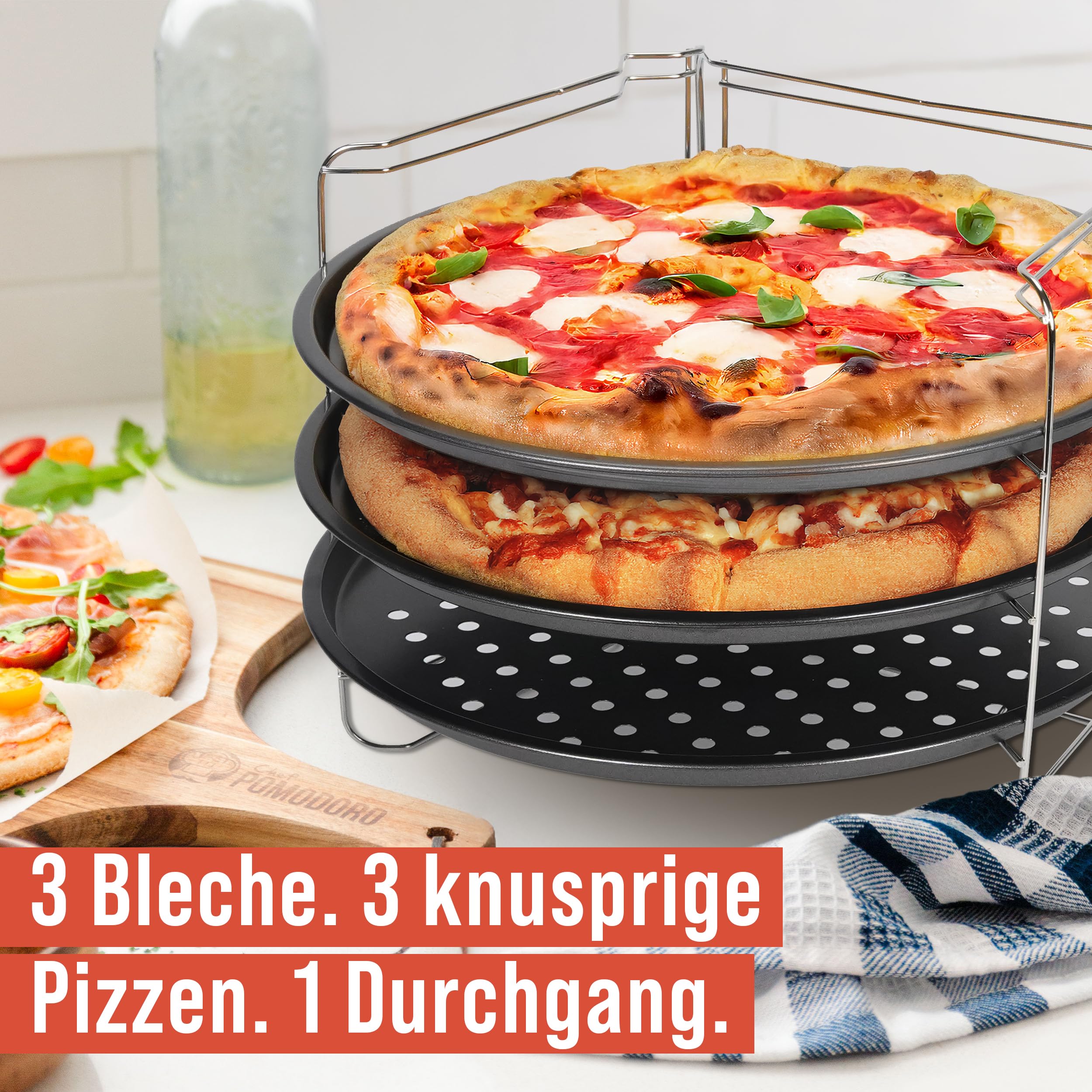 Chef Pomodoro Pizzablech rund 33cm, Pizzaständer für Backofen – klappbares Pizzagestell, 3x gelochte Pizzapfanne, Pizza Stahl, stabiles Pizza Backset für Ofen