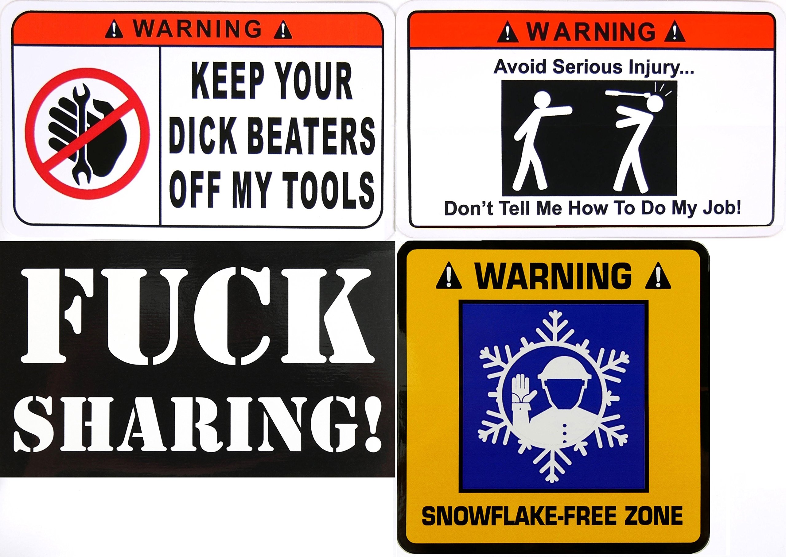 FOUR (4) STICKER Pack (1) Keep Your Dick Beaters Off My Tools (1) Don't Tell Me How To Do My Job (1) Fuck Sharing Black (1) Snowflake Free Zone Toolbox Hardhat Bumper Stickers/Decals by STKR Commander