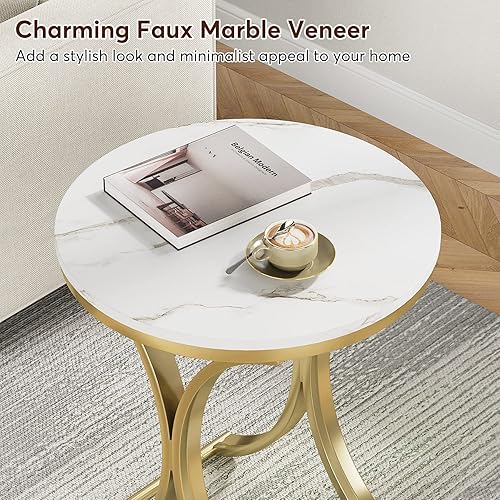 Miniatura 6 de LITTLE TREE Mesa auxiliar redonda moderna y pequeña, mesita de noche redonda con marco de metal dorado y chapa de mármol sintética, madera de