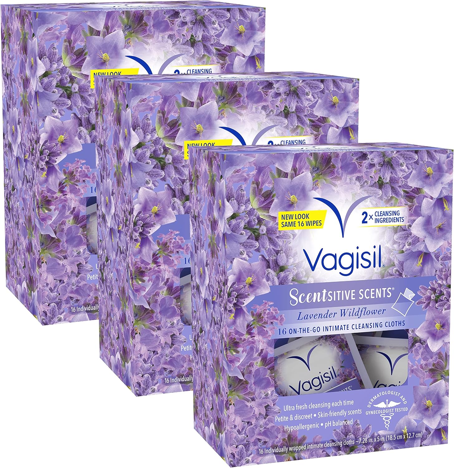 Vagisil Scentsitive Scents On-The-Go Feminine Cleansing Wipes, pH Balanced, Lavender Wildflower, Individually Wrapped, 16 Count (Pack of 3)