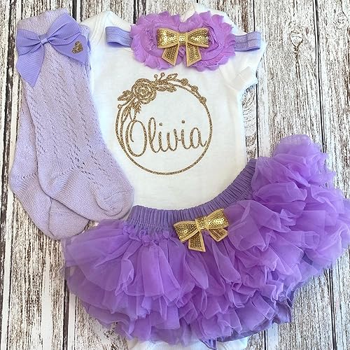 Miniatura 9 de Three Sweet Limes Personalized Baby Girl Outfit with Circular Floral Wreath Design Gold Glitter - Choose Bodysuit size NB to 24M, Add Name Optional