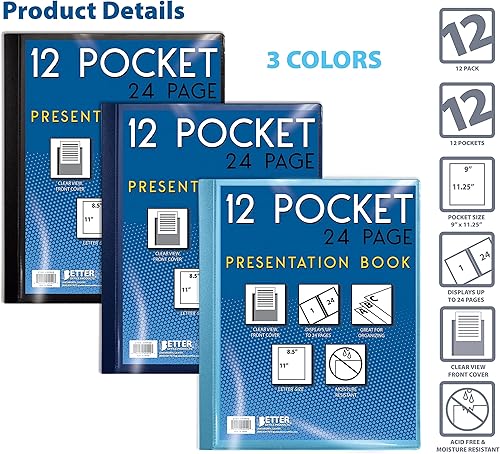 Vista 3 de Better Office Products Libro de presentación encuadernado con 12 bolsillos, colores surtidos, cubierta frontal transparente, 24 páginas protectoras