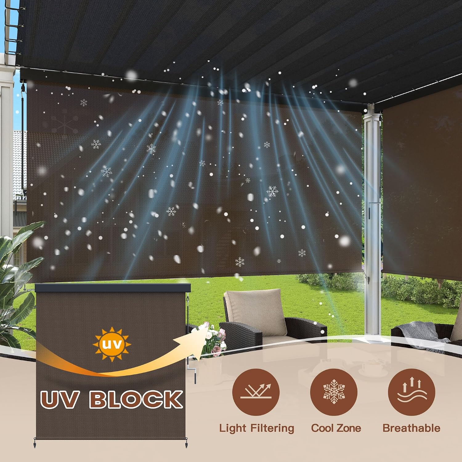 VICLLAX Premium Outdoor Roller Shade Solar Fabric, Exterior Roller Shade for Porch Patio Balcony, Patio Shade Blind with Crank Aluminum Protective Valance(4' W X 8' L), Mocha