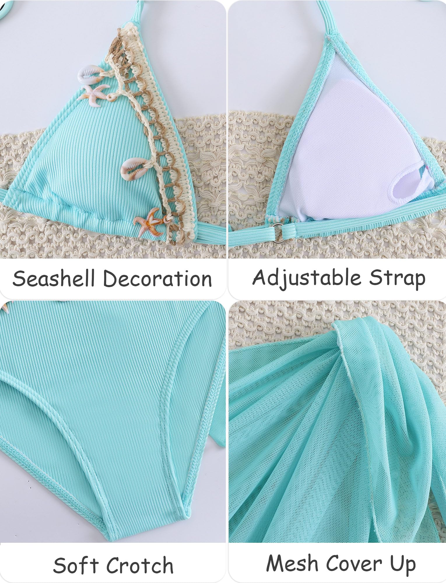 SEAUR Conjunto de bikini para niña, 3 piezas, traje de baño con falda, moderno, decoración de conchas, traje de baño acolchado, 8-12 años