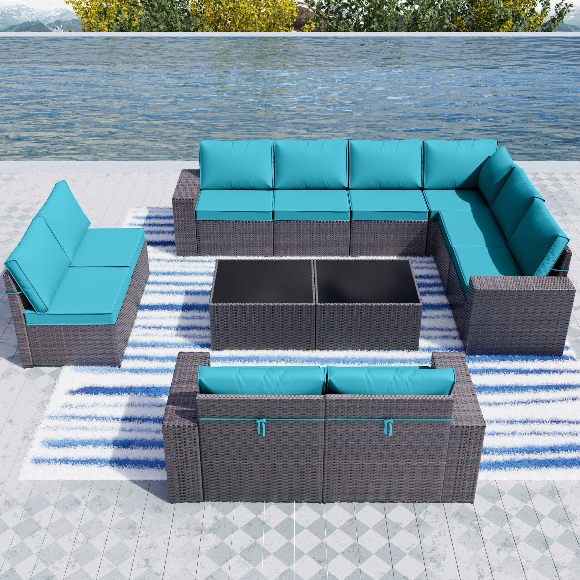 Kullavik Outdoor Patio Furniture Set 12 Pieces Sectional Rattan Sofa Set Brown PE Rattan Wicker Patio Conversation Set with 10 Blue Seat Cushions and 2 Tempered Glass Table