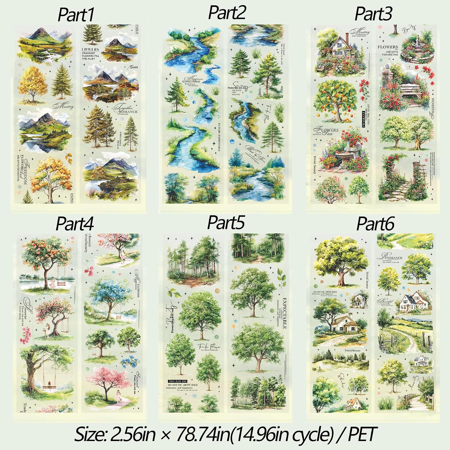 6 Rolls PET Tape Stickers for Scrapbooking Supplies, Plants Decorative PET Tape Stickers for Journaling, Junk Journal Supplies, Planner, Notebook, DIY Craft(One Tree View)