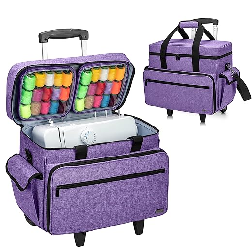Teamoy Sewing Machine Case with Detachable Wheels, Rolling Sewing Machine Tote with Wheels and Bottom Wooden Pad, Compatible with Singer, Brother and Most Majority Machines and Accessories, Purple