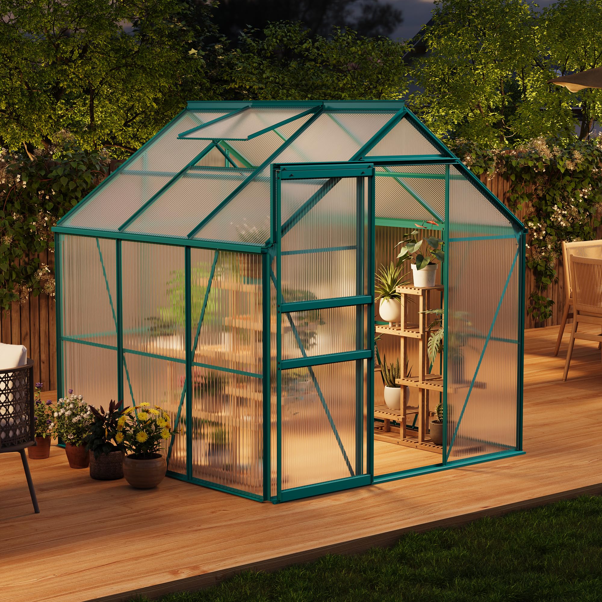 garveehome 6 x 6 ft polycarbonate greenhouse, winter greenhouses for outdoors with aluminum frame, sliding door, adjustable roof vent, backyard green houses, patio garden, green, includes two boxes