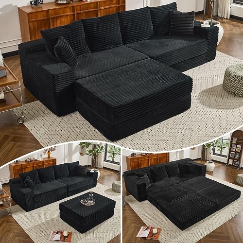 106" Modular Cloud Sofa - Boneless Couch Convertible Sectional with High Density Foam, 4-in-1 Sofa Bed/Tatami/L-Shape Couch, No Assembly Required Black Couch