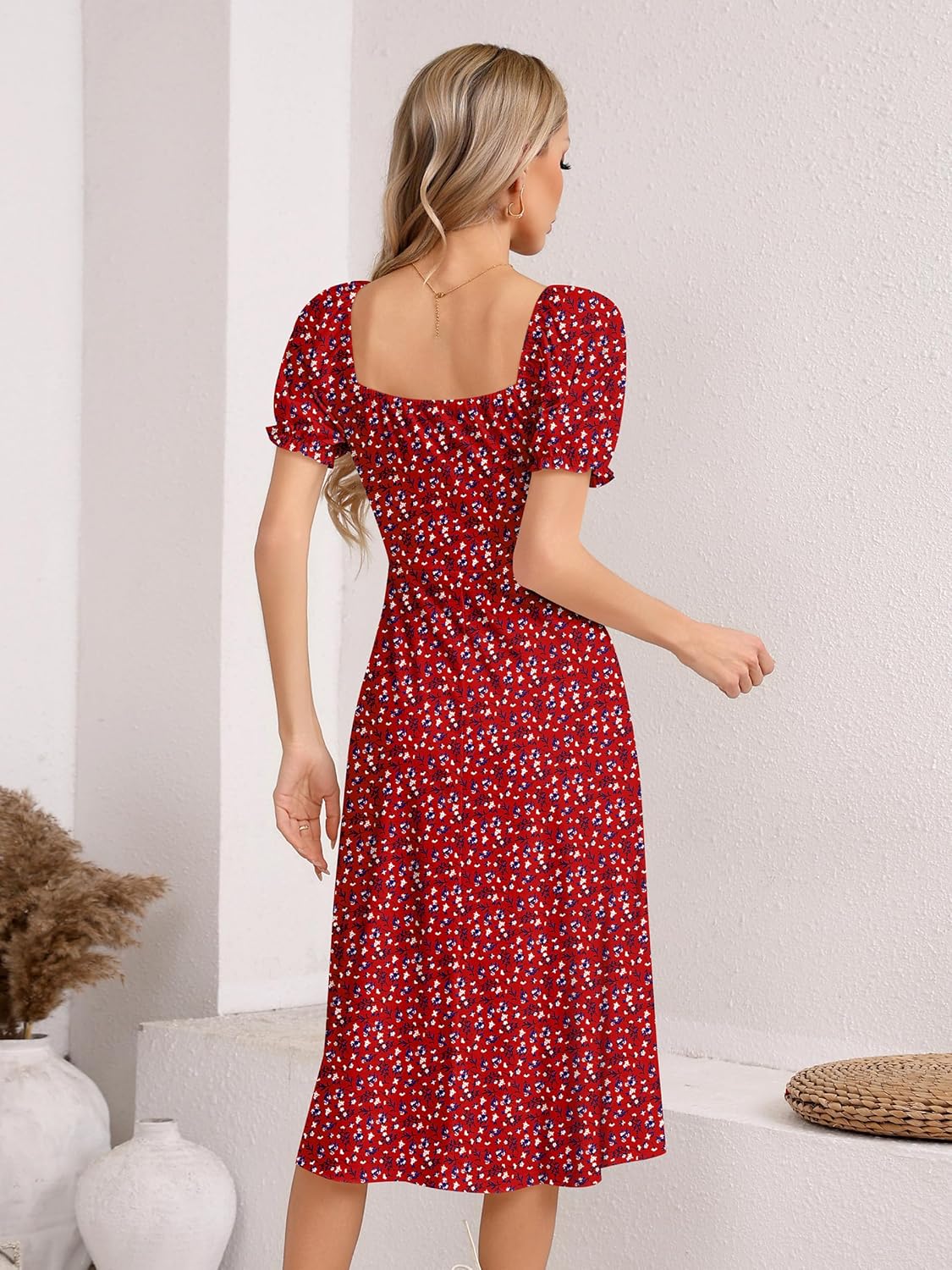 Missufe Women's Summer Floral Midi Dresses Puff Short Sleeve Side Split A Line Sundress Casual Beach Dresses