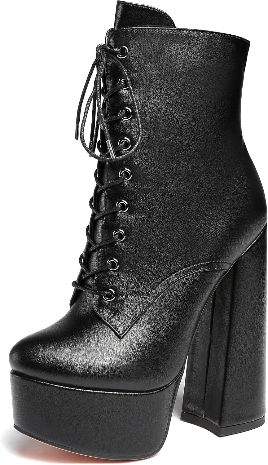 SAMMITOP Women's Round Toe Chunky Heel Boots Platform Lace Up Animal Print Ankle Boots