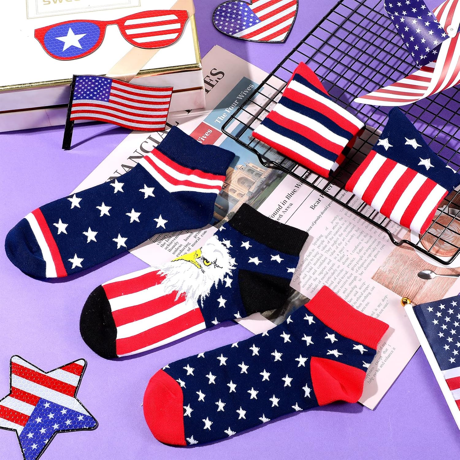 Vicenpal 5 Pairs Unisex American Flag Socks USA Stars Striped Patriotic Low Lightweight Cotton Novelty Low Cut Ankle Dress Socks Gifts for Christmas Teen Girl Men Women