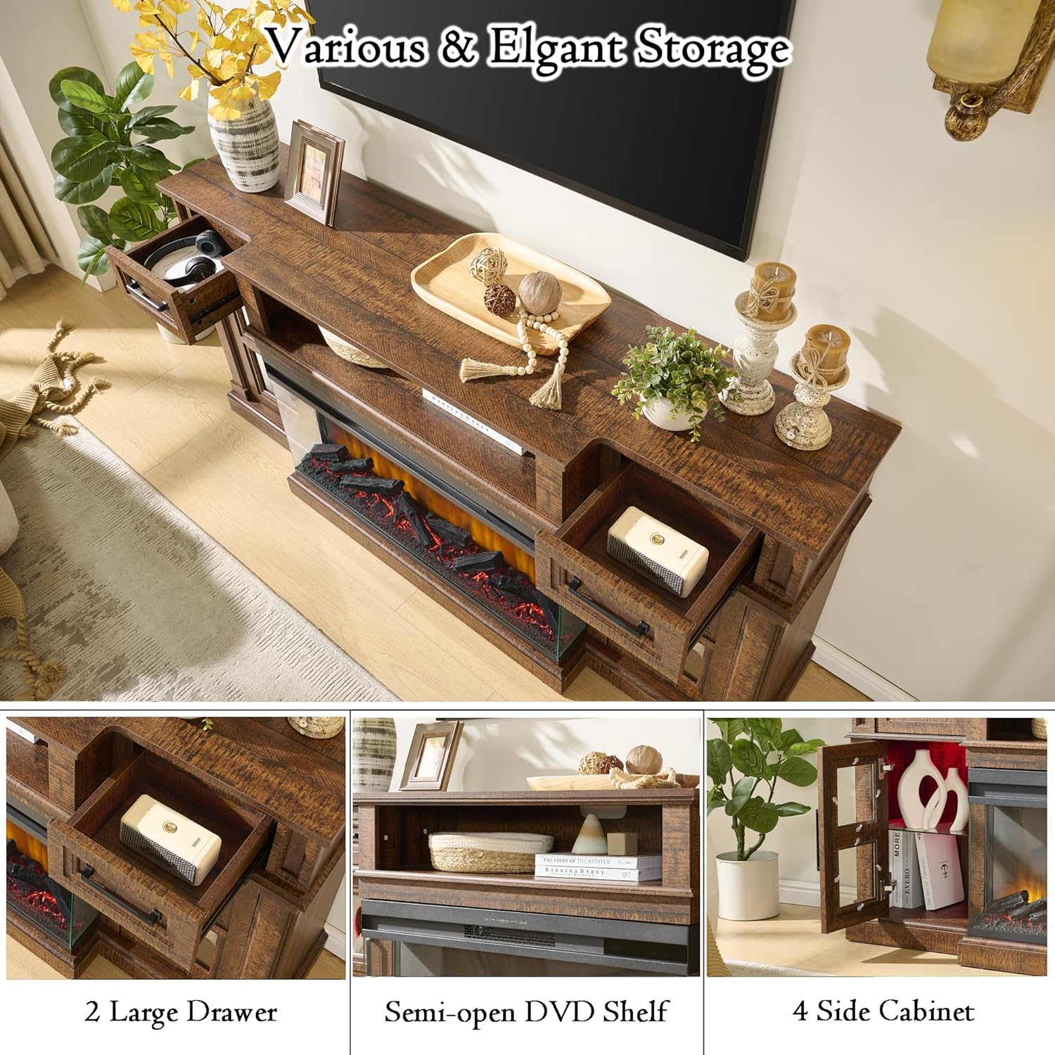 Detailed view of the Unineo TV stand's storage options.